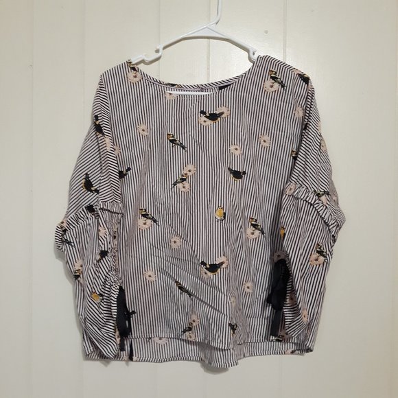 Nanette Lepore Medium striped bird summer spring Print Tie Bell Sleeve Blouse - Picture 1 of 10